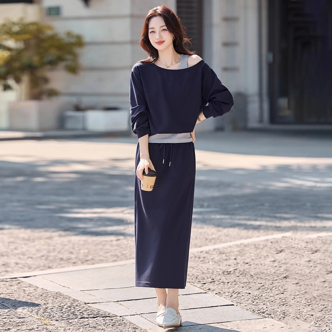 拉夏贝尔慵懒风通勤假两件卫衣套装裙女秋季新款高腰半身裙两件套