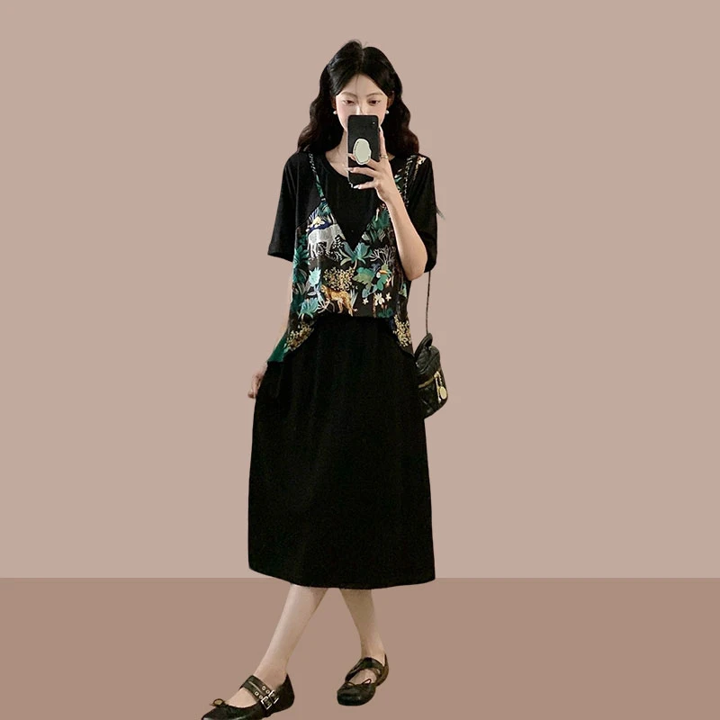 大码女装2025夏季新款时尚胖mm宽松显瘦复古洋气假两件连衣裙