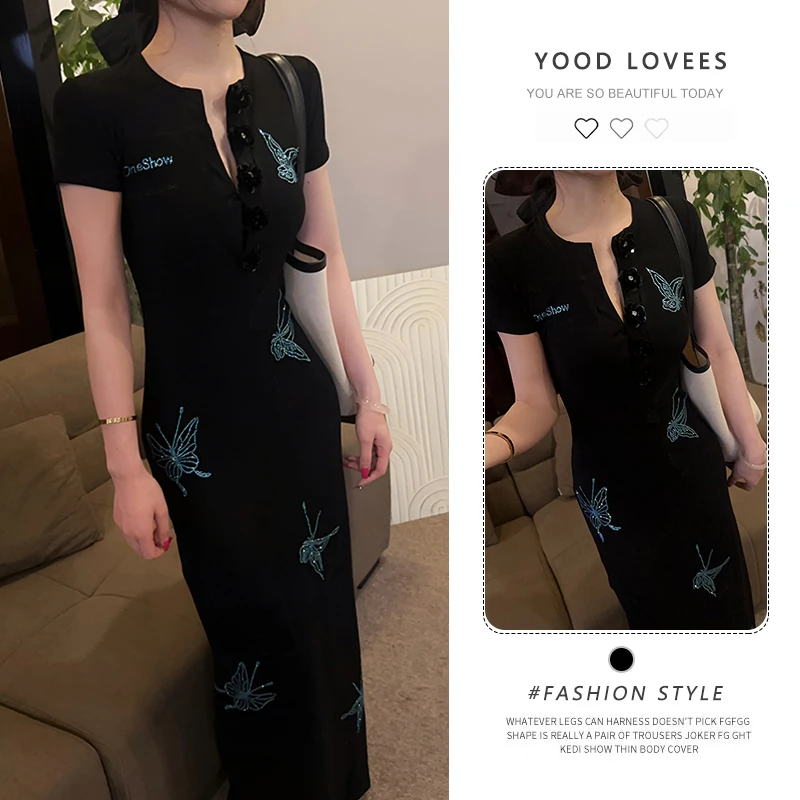 法式蝴蝶连衣裙气质夏日风短袖2025夏季设计感修身长裙时尚简约潮