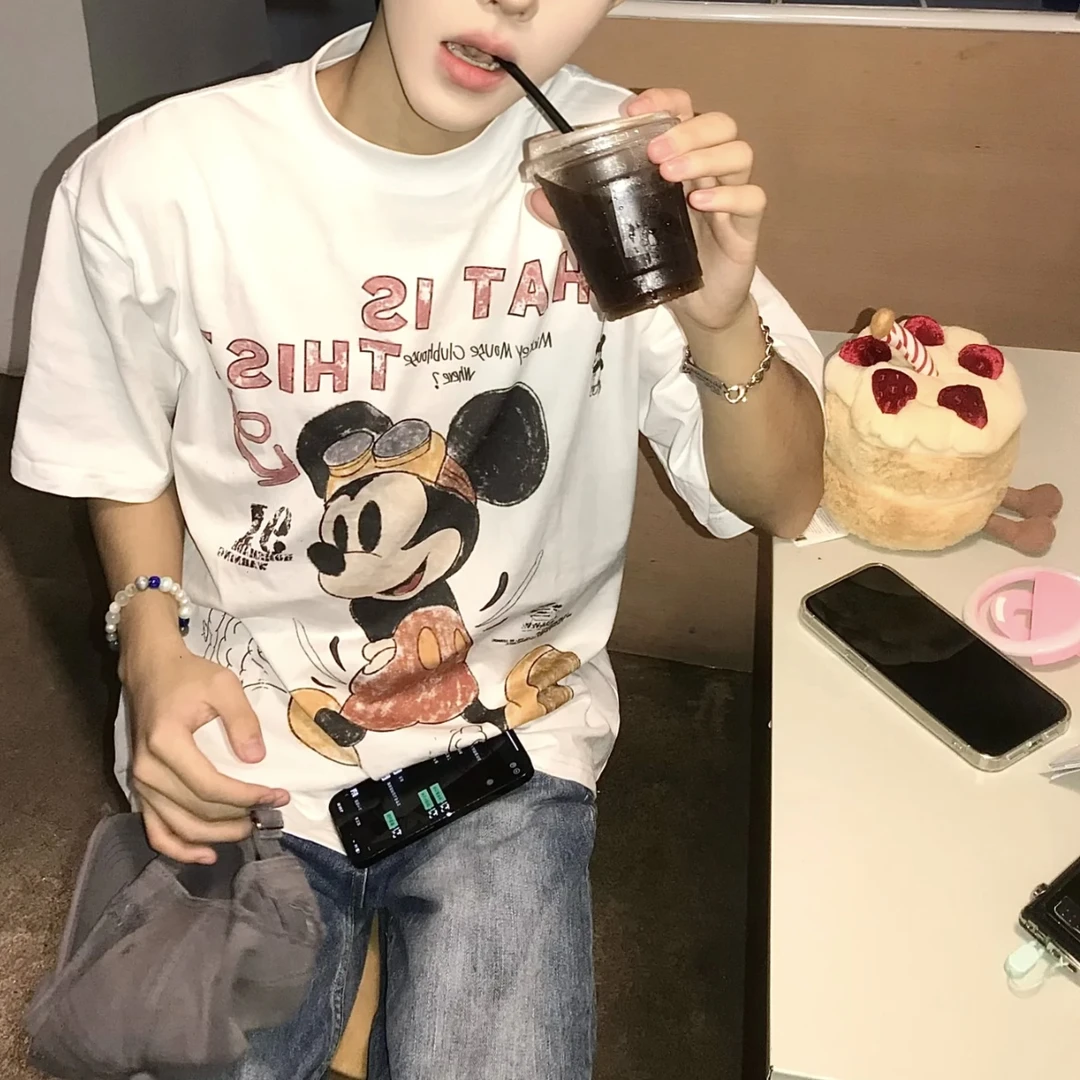 【做旧米奇】夏季美式重磅休闲设计感小领口宽松印花潮流T恤-MQ001