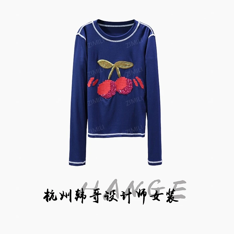 【韩哥女装】2025秋冬新品《樱桃》藏蓝色立体刺绣高弹打底衫5965-A8