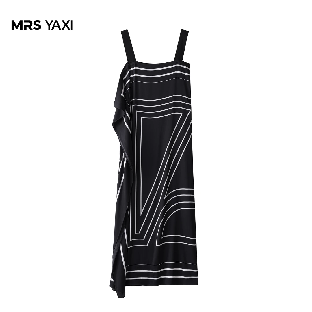 Mrsyaxi撞色印花轻盈真丝度假吊带连衣裙YX5062509