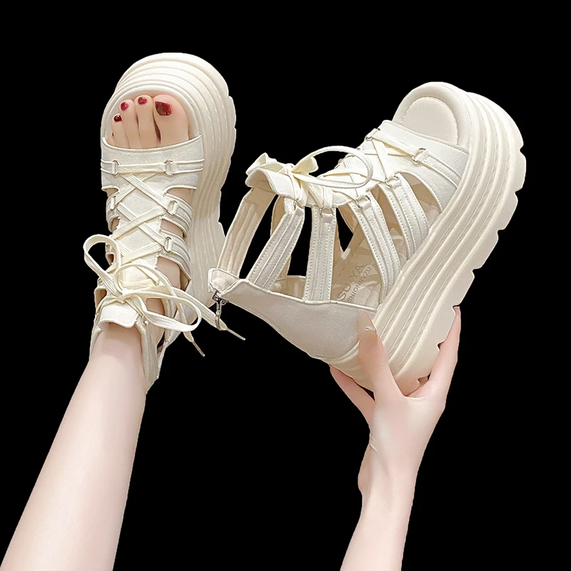 厚底高帮罗马凉鞋女2025新款夏季小个子配裙子增高凉靴厚底松糕鞋