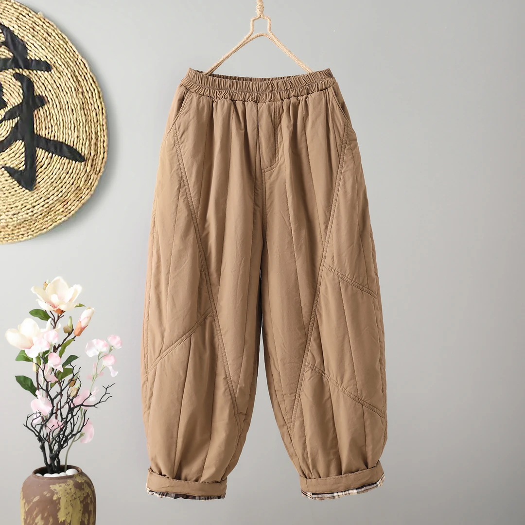 秋冬季新款纯色压线拼接加厚夹棉棉裤女松紧腰内里格纹保暖哈伦裤
