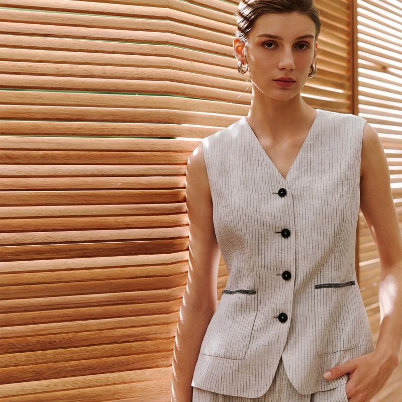 译依YIYI“精英套”进口亚麻复古老钱色织条纹手工钉珠马甲裤子