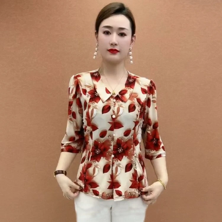 8-8夏季中老年女装印花七分袖40岁到60多中袖妈妈装防晒上衣洋气