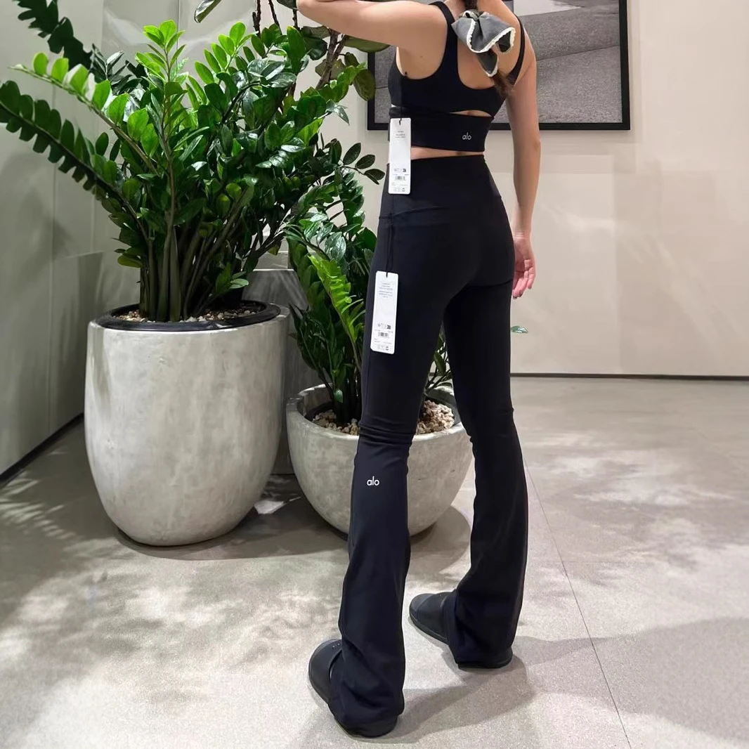 Alo 高腰微喇叭裤时尚显瘦反光字母提臀紧身瑜伽运动外穿长裤