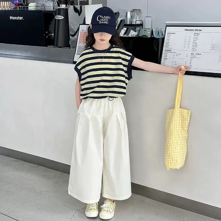 女童夏套装2025新款儿童超好看无袖条纹夏装中大童夏季薄款两件套
