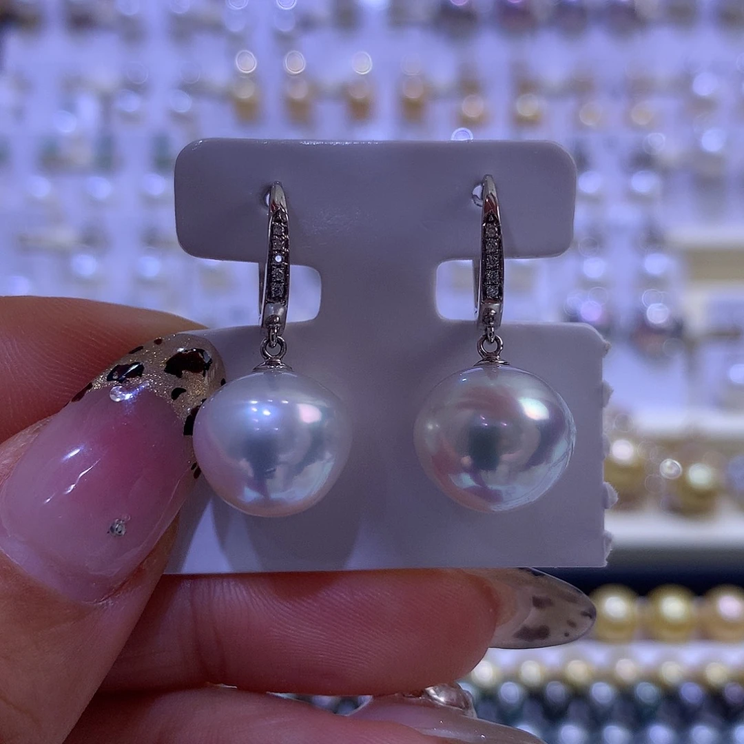 海水珍珠耳饰18K金镶嵌13mm澳白