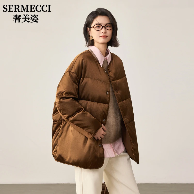 奢美姿光泽面感羽绒服2025秋冬新款静奢感休闲纯色圆领外套女