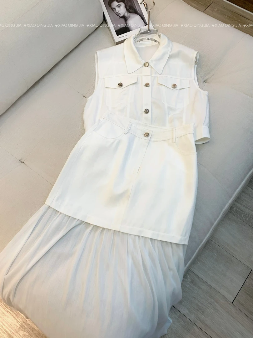 时尚套装天丝亚麻马甲加半裙气质通勤百搭夏季