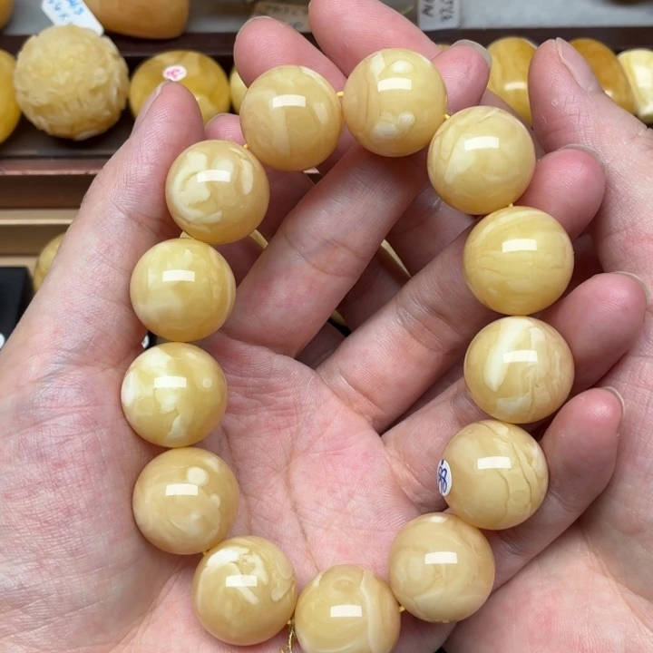 蜜蜡未镶嵌裸石蜜蜡18+浓蜡瓷白花同料手串