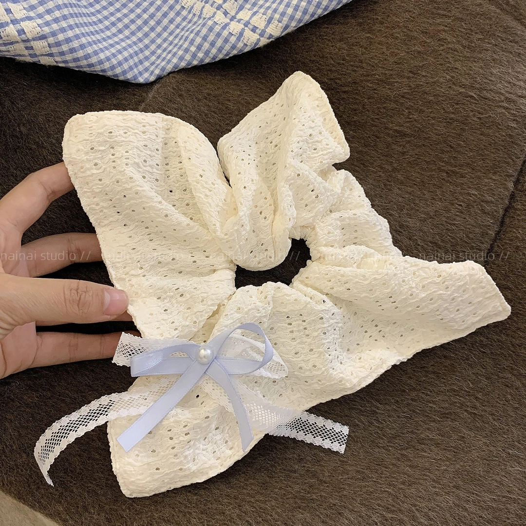 蕾丝蝴蝶结方巾蓝色珍珠方形大肠发圈超仙气质扎头发马尾发绳女