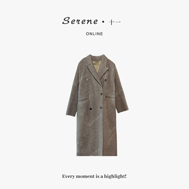 十一Serene【】毛呢简约大衣咖色毛呢外套双排扣时尚HY24075
