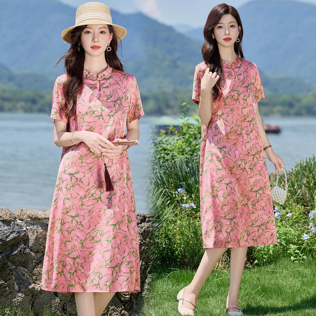 新中式国风改良旗袍连衣裙女2025夏季新款复古盘扣印花中长款裙子