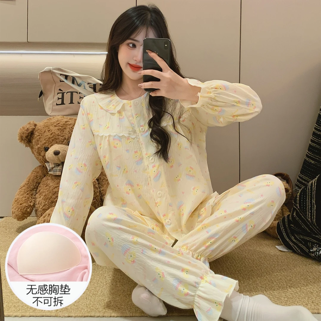 云朵棉睡衣女秋冬季长袖带胸垫2025新款奶fufu冬天饼饼套装家居服