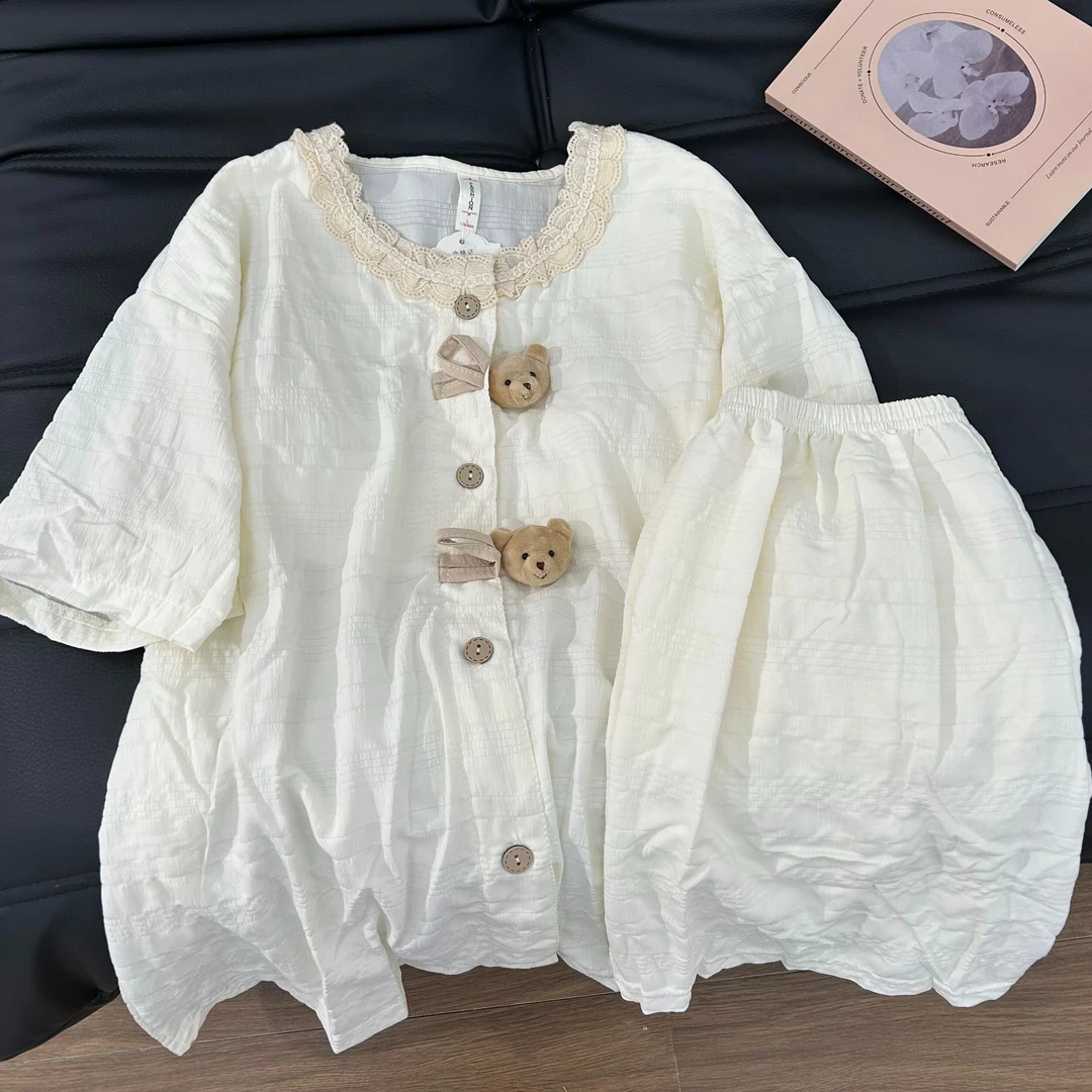 带胸垫睡衣女夏季新款甜美纯色花边公仔小熊可外穿短袖家居服套装
