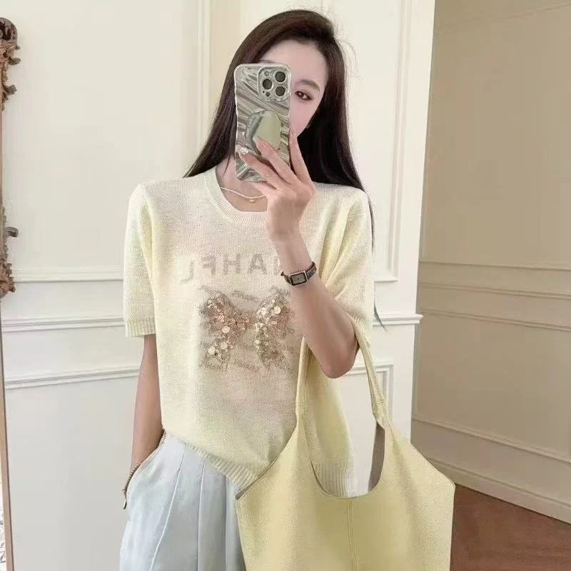 7329国风绣花不规则竹节麻冰感短袖t恤女装夏季新款蝴蝶上衣