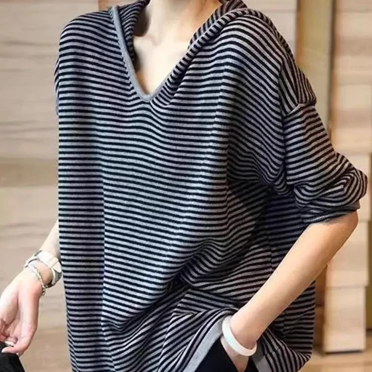 欧货女装条纹V领外套女连帽春秋季长袖休闲宽松2025胖MM卫衣上衣