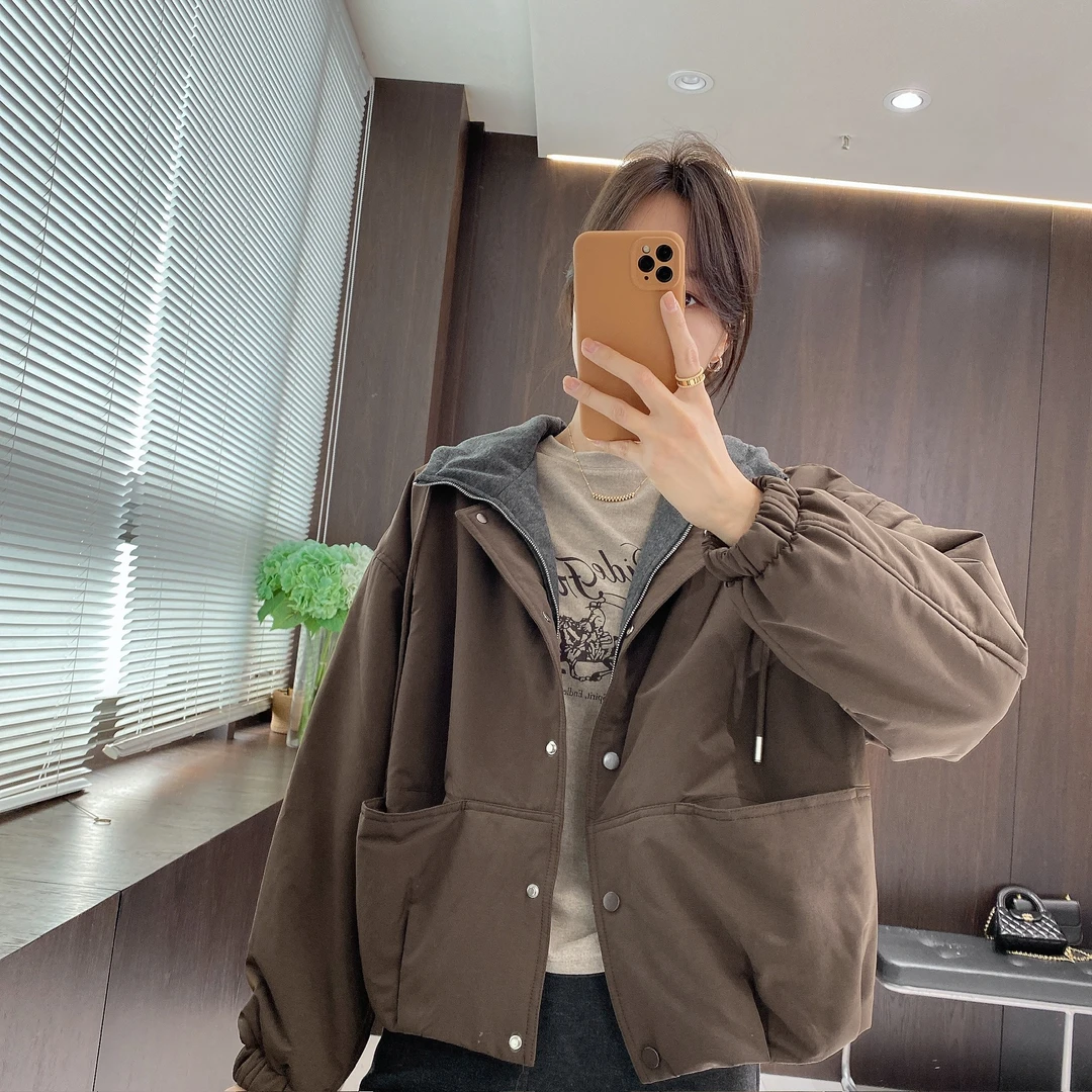 IMFLY金小金自制女装 假两件棉衣DYW10060冬季新款连帽拉链短棉服