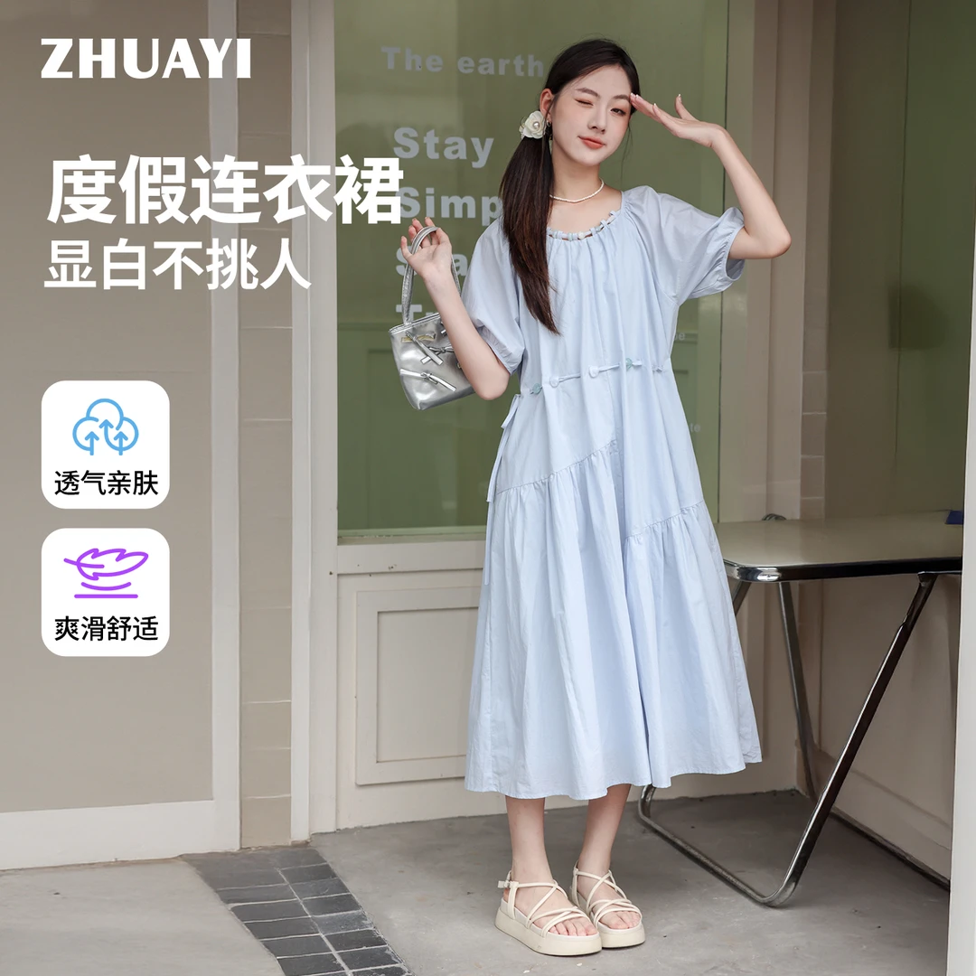 夏季民族风珠子系带连衣裙清爽韩版宽松设计感裙子（25222352）3