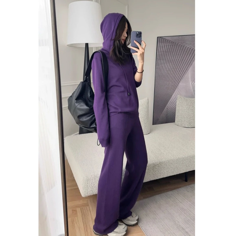 欧货休闲运动套装秋季新款洋气宽松连帽针织阔腿裤两件套