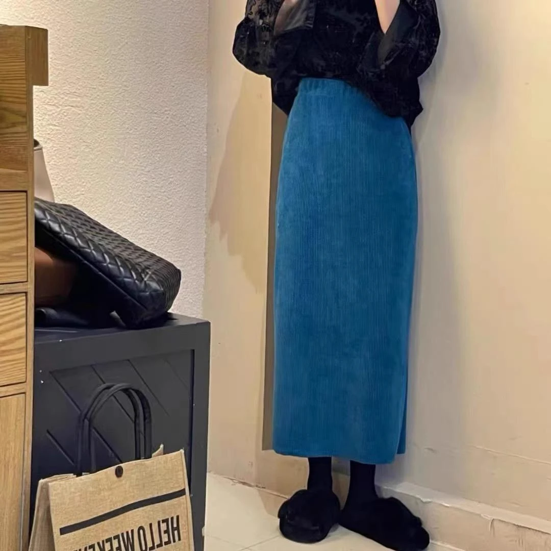 孔雀蓝灯芯绒半身裙女秋冬雪尼尔长裙高腰显瘦直筒包臀开 叉一步
