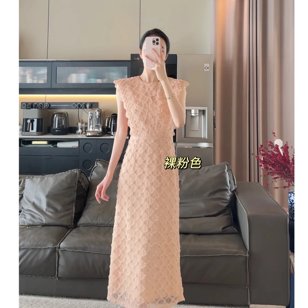 2025夏季新款时尚中式玫瑰纱气质款轻奢纯欲裸粉色无袖长连衣裙