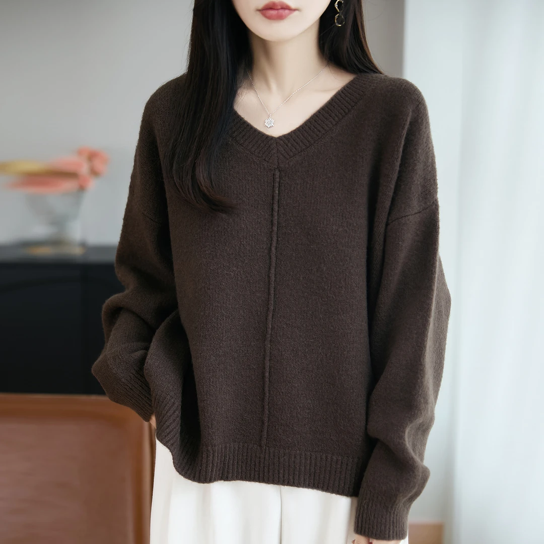 微胖mm春秋大码女士慵懒风毛衣遮肚子显瘦v领上衣内搭针织打底衫