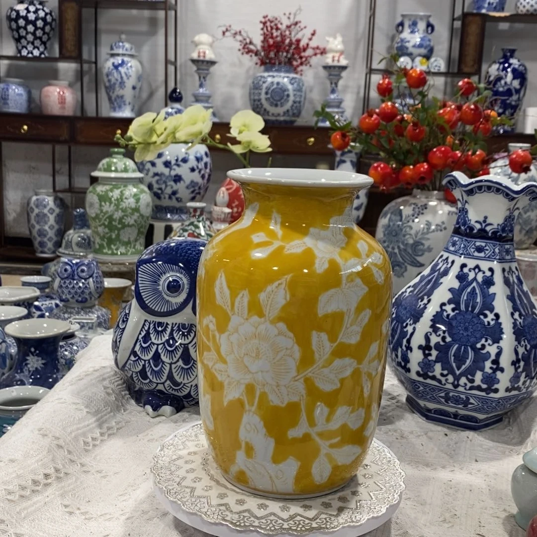 【闪购商品】摆件黄釉直筒花瓶～高度24