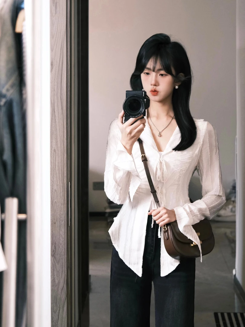 法式设计感纯欲风绑带长袖衬衫女2025新款修身气质开衫