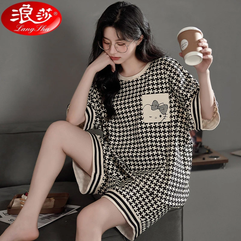 浪莎睡衣女士夏季短袖短裤薄款2025新款卡通大码少女家居服套装