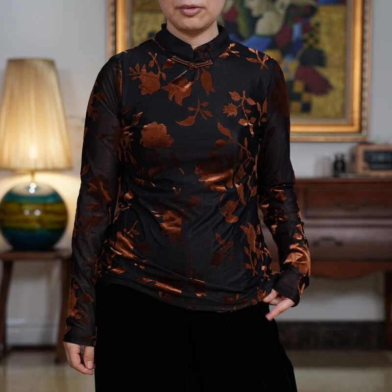 云舒复古中国风立领植绒弹性气质百搭打底衫-W4T6203