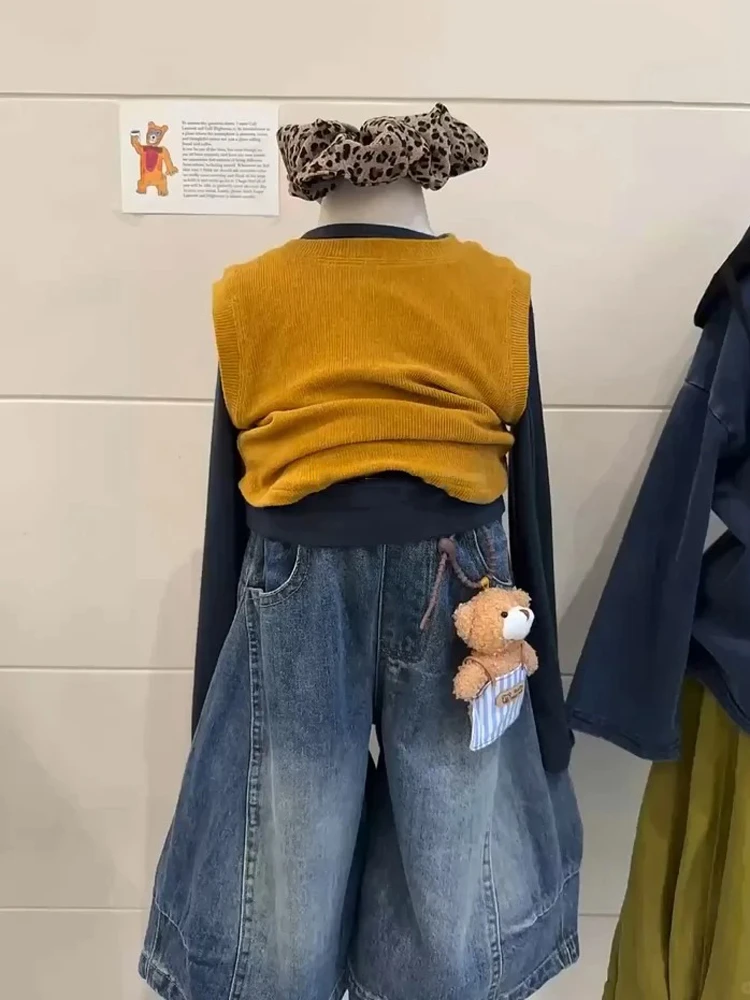 女童秋装套装2025新款网红儿童洋气背心上衣女宝休闲牛仔裤三件套