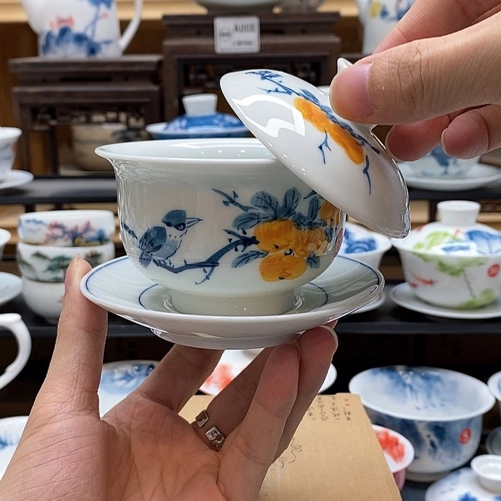 手绘喜柿图盖碗160cc釉下彩微瑕福利款