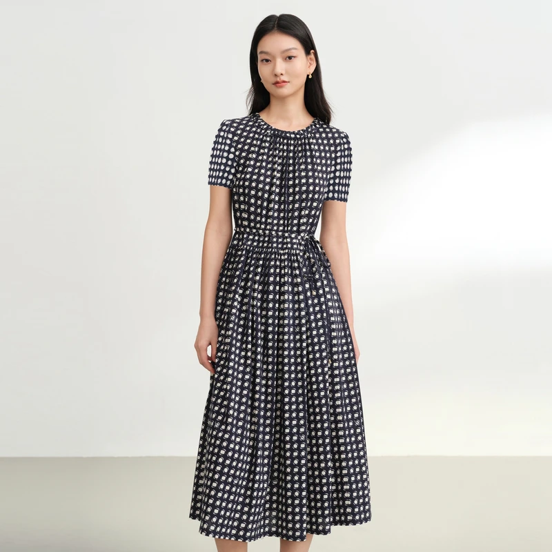 EP雅莹2025秋季新款女装 通勤圆领印花收腰短袖中长款连衣裙4633A