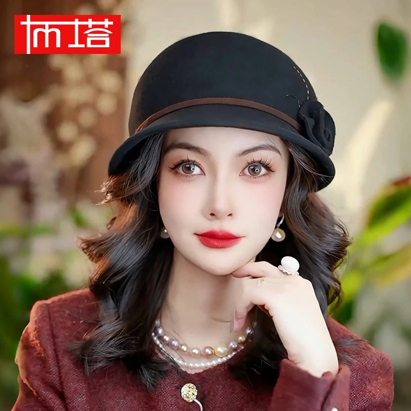 布塔100%羊毛礼帽女秋冬呢帽子保暖时尚气质礼帽中老年妈妈PT1415