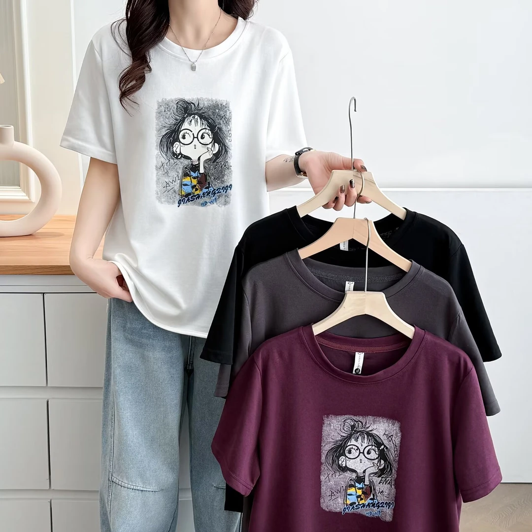 110-210斤大码女装胖mm宽松遮肚腩短袖T恤不规则卡通女孩印花上衣