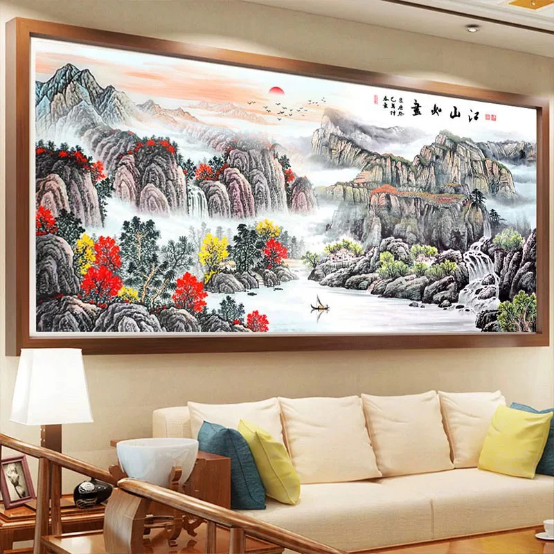 清2.3纯手工绣好十字绣成品江山如画客厅挂画