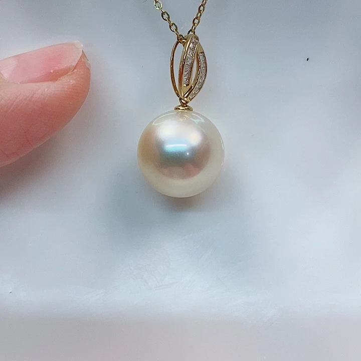 海水珍珠吊坠(不含链)18K金镶嵌澳白吊坠14-15mm