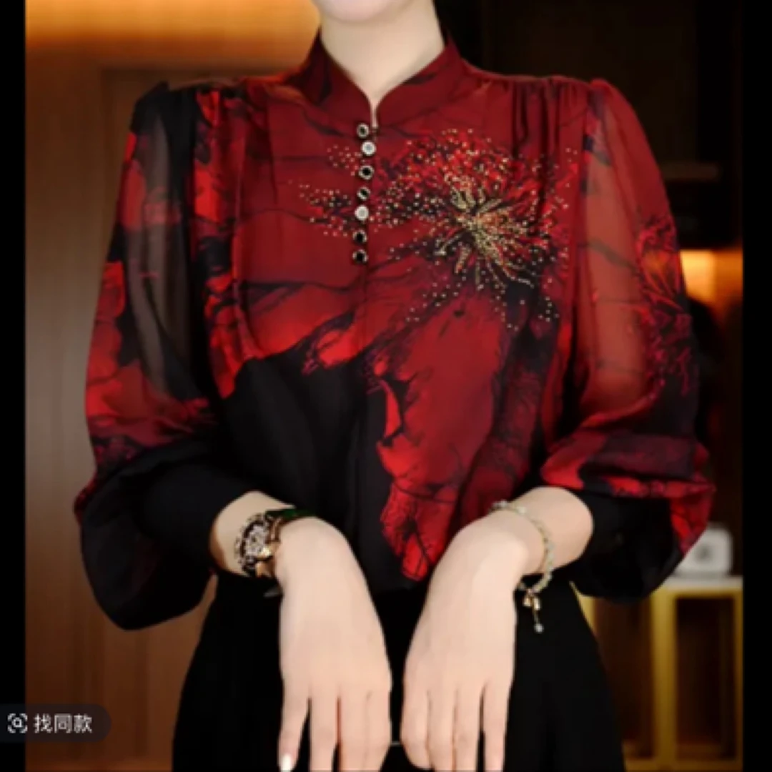 0春秋薄款新款琉璃沙洋气宽松显瘦优雅轻奢气质印花百搭红色小衫