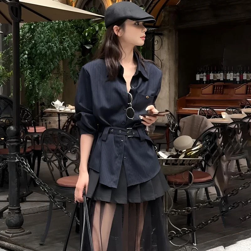 【雅痞女绅士】深圳舒适百搭时尚条纹腰带衬衫显瘦休闲气质显瘦上衣