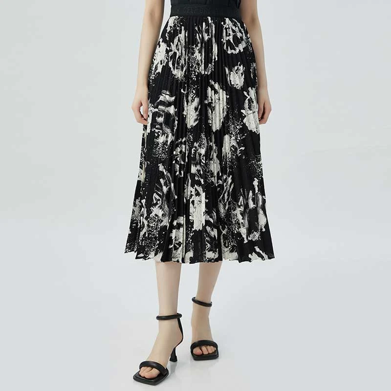 {专柜}商场同款2025夏季中长款百褶水墨印花松紧腰半身裙1200133