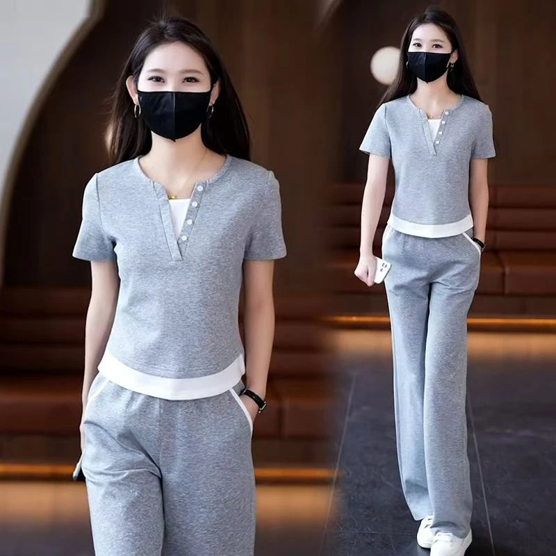 休闲短袖运动套装女2025夏季新款简约假两件时尚洋气减龄两件套