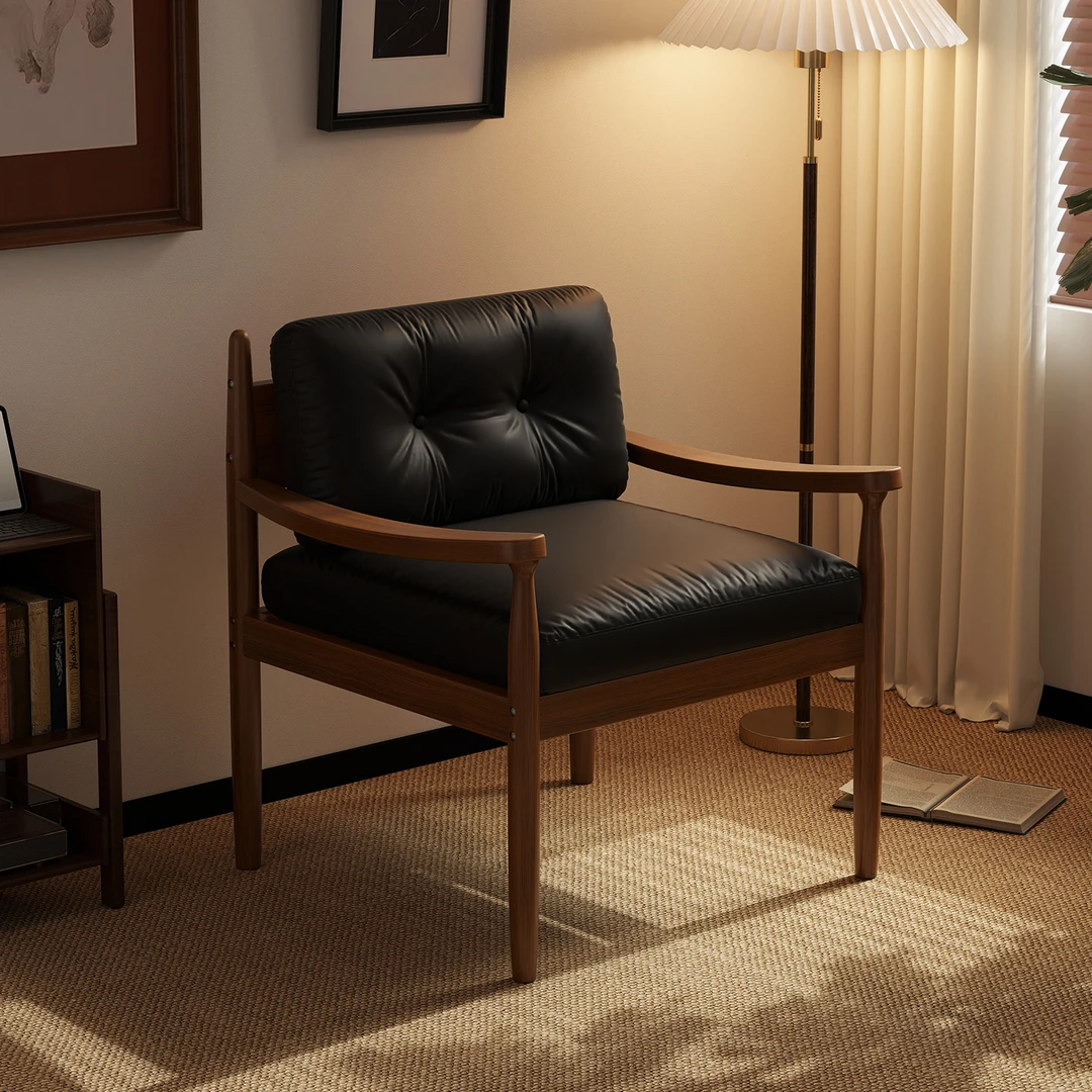 复古单人椅实木皮艺沙发椅客厅阳台中古风休闲单人沙发书房靠背椅