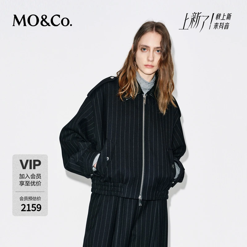 MOCO外套2025冬新品美丽诺绵羊毛可拆卸皮领条纹棒球服MBE4COTT10