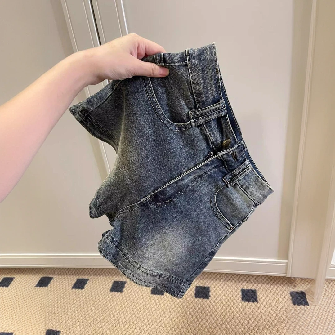 美式复古高街牛仔短裤女夏季薄款辣妹高腰修身显瘦做旧a字热裤子