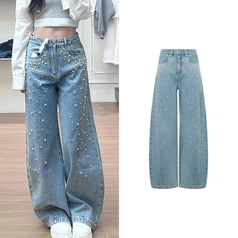 达芙笛【牛仔裤】25年阔腿宽松弯刀裤休闲裤闪钻珍珠做旧牛仔Z6038