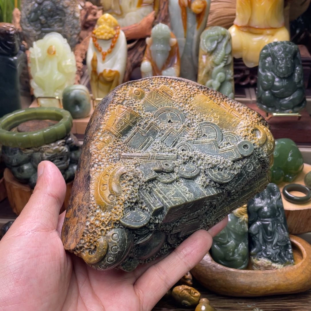 好***运未镶嵌岫岩河磨玉（透闪石质玉）摆件锦辉堆