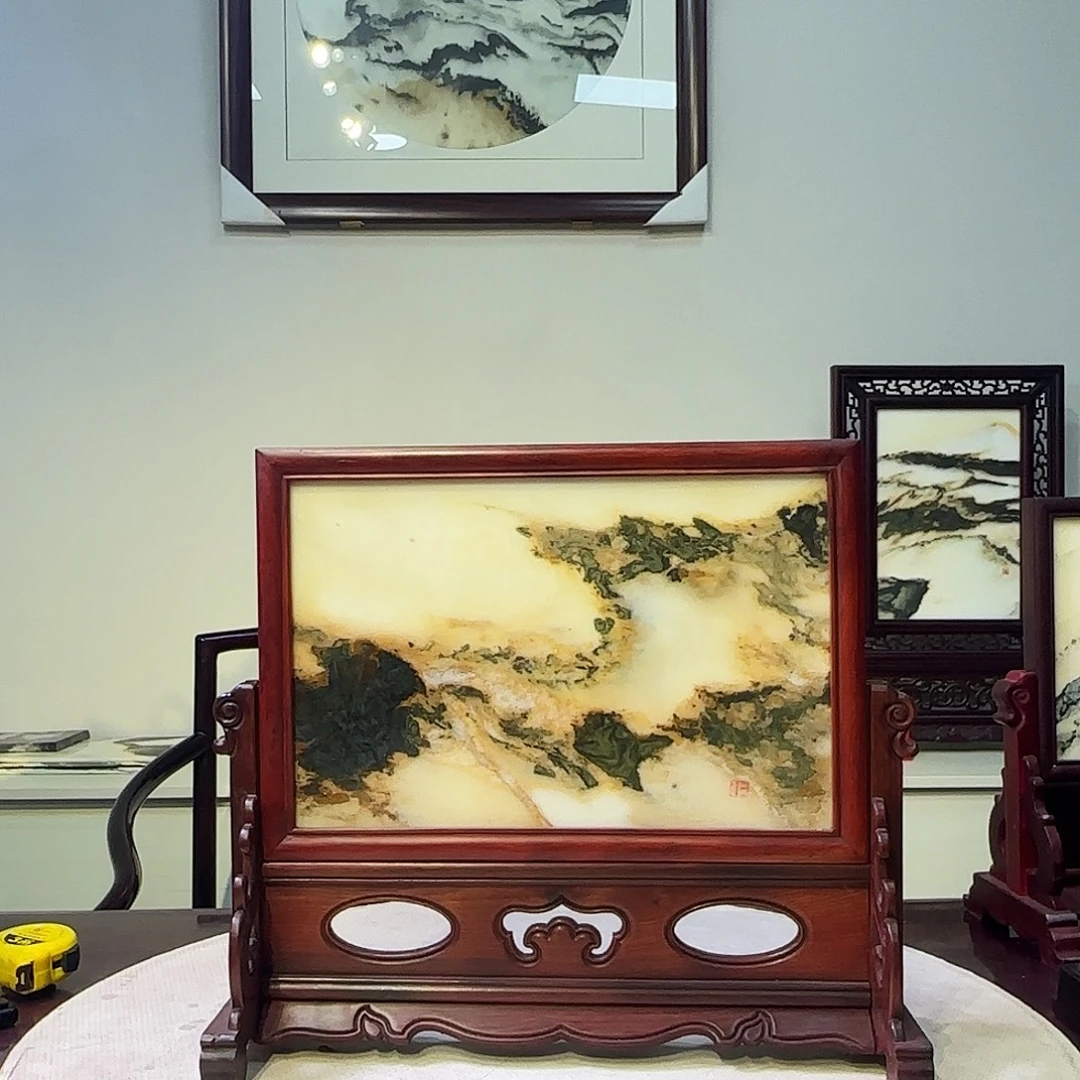 石材天然大理石画屏风摆件38×33